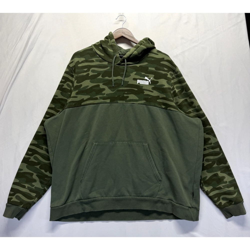 PUMA Essentials Hoodie Men 3XL Olive Green Camouflage Ribbed Cuff Hem Drawstring